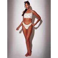 South Beach Beachshirred Postcard Longline Printed Tie Shoulder Bikini