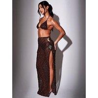 South Beach Sequin Crochet Front Split Maxi Skirt - Brown