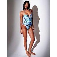 South Beach Printed Ring Detail Bandeau Swimsuit - Blue