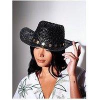 South Beach Straw Coin Trim Cowboy Hat - Black