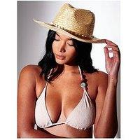 South Beach Straw Pearl Trim Cowboy Hat - Beige