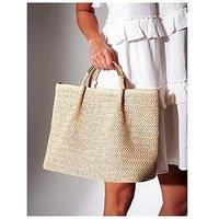 South Beach Straw Metal Handle Tote Bag - Beige