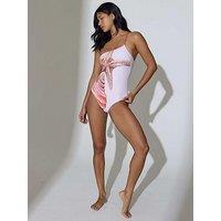 South Beach Seashell Printed One Shoulder Swimsuit With Metallic Binding - Pink