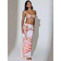 South Beach Sequin Overlay Seashell Printed Maxi Skirt - Pink