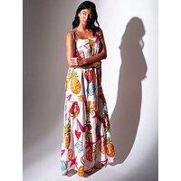 South Beach Abstract Fruit Printed Strappy Tiered Maxi Dress