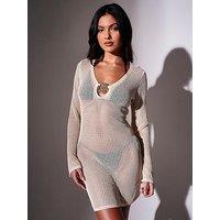 South Beach Knitted Flare Sleeve Decal Mini Kaftan - Cream