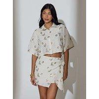 South Beach Floral Sequin Embroidered Wrap Mini Skirt - Cream