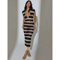 South Beach Crochet Fringed Detail Striped Midi Dress - Mono