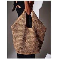 South Beach Straw Oversized Bag With Pu Handle Trim And Lining - Beige