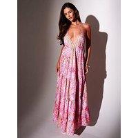 South Beach Paisley Printed Halterneck V Neck Maxi Scarf Dress - Pink