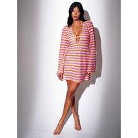South Beach Chevron Crochet Mini Kaftan With Beaded Trim