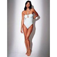 South Beach Beach Textured Cut Out Square Decal Halterneck Swimsuit - Mint Green