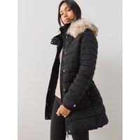 The Very Collection Womens Padded Faux-Fur Trim Short Coat - Black