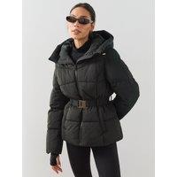 The Very Collection Womens Funnel Hood Belted Padded Coat - Black