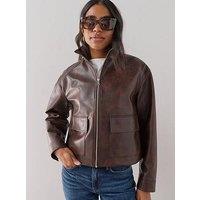The Very Collection Funnel Neck Faux Leather Jacket - Brown