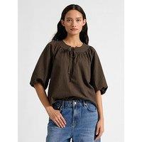 Albaray Gingham Tie Neck Top - Brown
