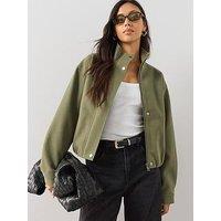 The Very Collection Faux Wool Funnel Neck Bomber - Green