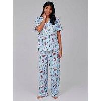 Loungeable Pasta Food Graphic Shirt And Trouser Pyjama Set - Blue