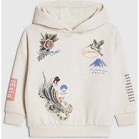 River Island Mini Boys Graphic Back Print Japanese Bird Hoodie - Cream