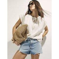 River Island Linen Blend Tie Neck Top - White