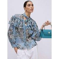 River Island Ruffle Dl Tie Neck Blouse - Blue