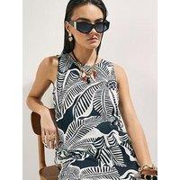 River Island Linen Blend Palm Print Tank Top - Black