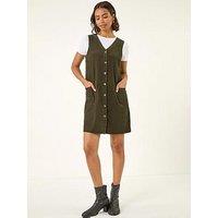 Roman Cotton V-Neck Button Pocket Dress - Green