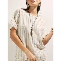 River Island Striped Linen Blend T-Shirt - Beige