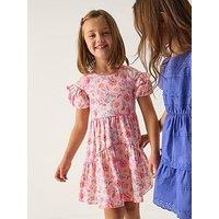 Monsoon Girls Short Sleeve Floral Jacquard Dress - Light Cream