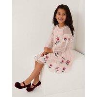 Monsoon Girls Long Sleeve Mesh Scallop Embroidered Dress - Cream