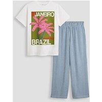 The Very Collection Girls Stripe Trouser And Slogan T-Shirt - Blue