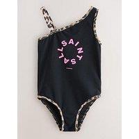 Smallsaints Older Girls Leopard Print Trim Logo Swimsuit - Black