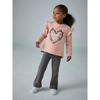 Smallsaints Girls Heart Detail Frill Sweatshirt And Flared Leggings Set - Pink/Grey