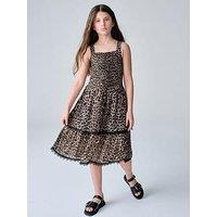 Smallsaints Girls Leopard Print & Tier Dress - Brown