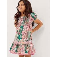 Monsoon Girls Patchwork Shirred Dress - Pink