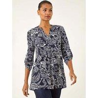Roman Abstract Print Buttoned Tunic Top - Navy