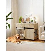 Pawhut Dog Crate Furniture, Dog Cage W/ Wheels, 2 Drawers, Sliding Door, Oak