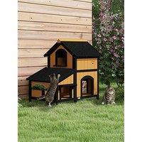 Pawhut Wooden Outdoor Cat House W/ Flower Pot, Windows, Multiple Entrances