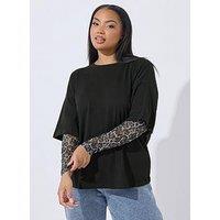Yours Curve Leopard Mesh Insert Leopard T-Shirt - Black