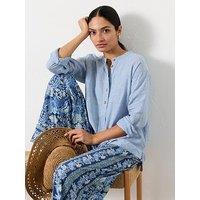 Fatface Julia Linen Popover Blouse - Blue