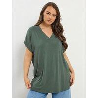 Yours Curve V Neck Grown On Sleeve T-Shirt - Green