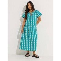 Pixiegirl Petite Check Tie Neck Drop Tier Dress - Green