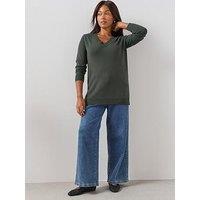 The Very Collection Women'S Curve Classic Comfort V-Neck Longline Jumper - Olive Green