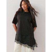 The Very Collection Curve Lace Asymmetric Hem T-Shirt - Black