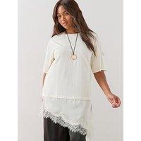 The Very Collection Curve Lace Asymmetric Hem T-Shirt - Ivory