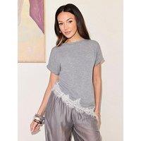 Michelle Keegan Asymmetric Lace Trim T-Shirt - Grey