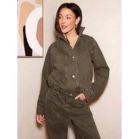 Michelle Keegan Denim Funnel Neck Bomber Jacket- Khaki