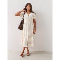 The Very Collection Curve Shirred Waist Stripe Midi Dress - Cream