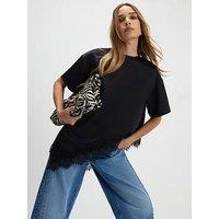 River Island Asymmetric Lace Satin T-Shirt - Black