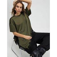 River Island Asymmetric Lace Hem Satin T-Shirt - Green